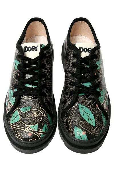 Dogo Pantofi negri din piele vegană de damă - design cu frunze și păsări