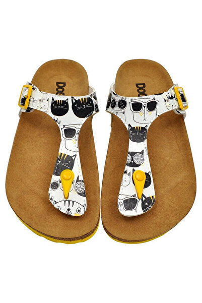 Dogo Γυναικείες Vegan Δερμάτινες Λευκές Σαγιονάρες - Σχέδιο Monochrome Cats