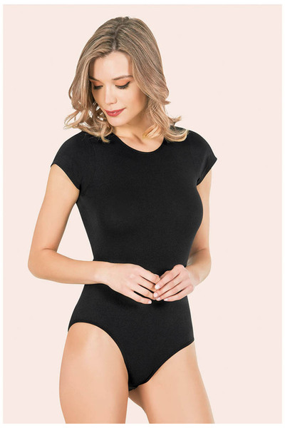 secret moda Μαύρο Lycra κοντομάνικο γυναικείο κορμάκι - Snap Athlete Zıbın