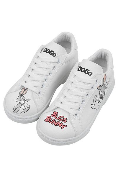 Dogo Unisex Kids Vegan Leather White Sneakers - Warner Bros What's Up Doc Bugs Bunny Design