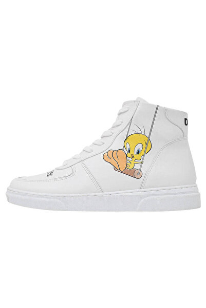 Dogo Kadın Vegan Deri Beyaz High Sneakers - Warner Bros Tweety Classic Tasarım