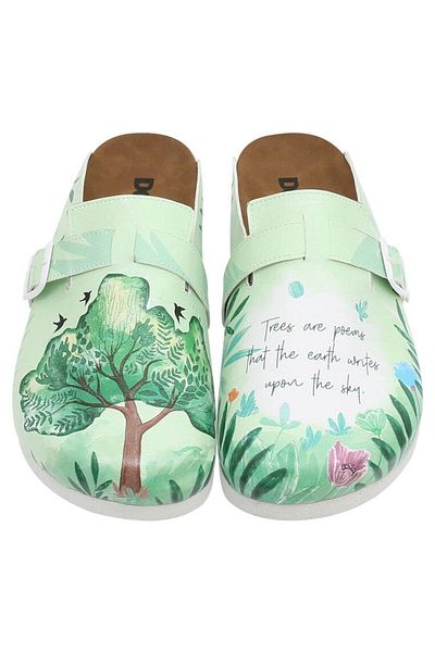 Dogo Women's Vegan Leather Green Slippers - Trees Are Poems Design