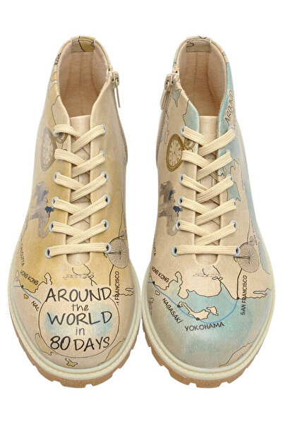 Dogo Women's Vegan Leather Beige Zippered Short Boots - Around The World Design