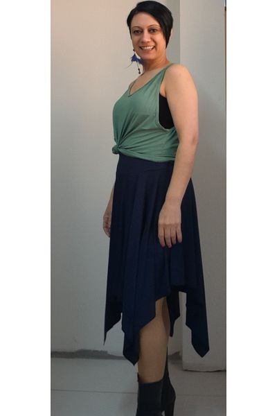 Mertcan Butik Navy blue elastic waist asymmetric cut combed cotton Viscose Skirt