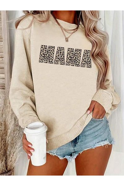 AEMİ Γυναικεία φούτερ με στάμπα Mama Winter Cotton Crew Neck Oversize