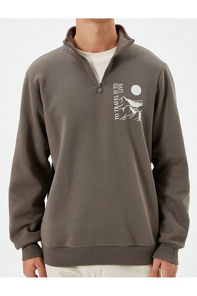 Koton Stand Collar Slogan Printed Half Zipper Sweatshirt