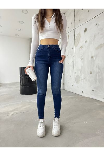 BİKELİFE Marineblaue, nageldetaillierte Lycra-Jeanshose mit hoher Taille