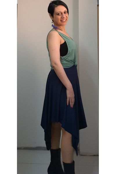 Mertcan Butik Navy blue elastic waist asymmetric cut combed cotton Viscose Skirt