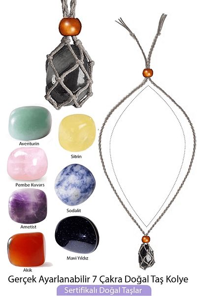 Tesbih Atölyesi Certified Healing Necklace Set Macrame Braided 7 Chakra Natural Stone Necklace Adjustable - Gray