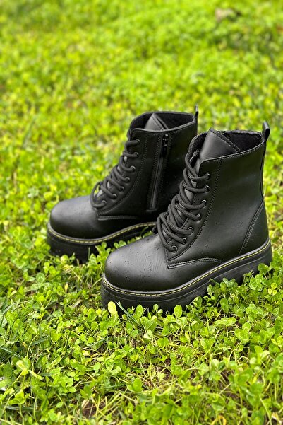 Allyup Günlük Kadın Siyah Bot Bağcıklı Kalın Yüksek Tabanlı Yumuşak Hafif Rahat Bootie 1073