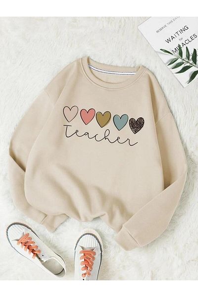 AEMİ Γυναικεία φούτερ με στάμπα Teacher-Teacher Crew Neck Oversize