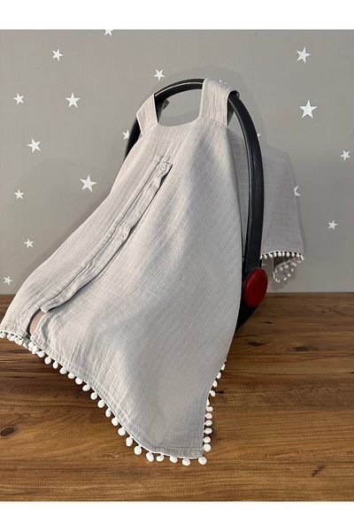 Jaju Baby Gray Muslin Fabric Organic Stroller Cover with Pompom