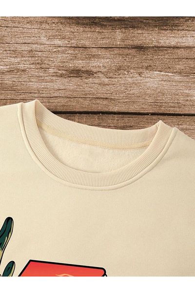 AEMİ Φούτερ Unisex Cactus and Desert Printed Oversize Crew Neck Φούτερ