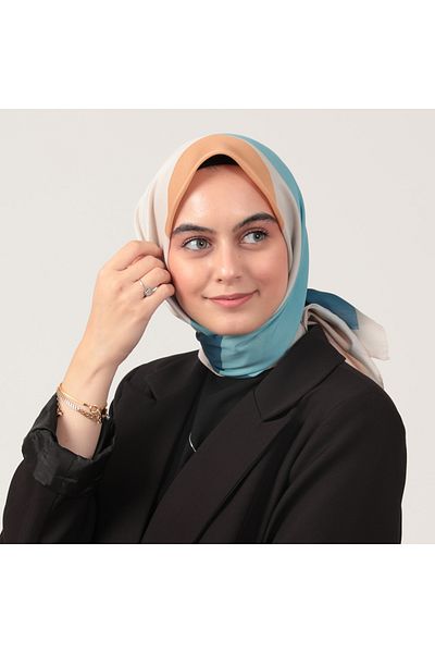 ipekistanbul Βαμβακερό μεταξωτό κασκόλ - Μοτίβο Ellipse - Caramel Denim Blue