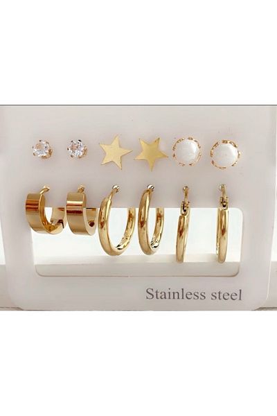 VNS Accessories Steel 6-Piece Earring Set-Star (GOLD&SILVER)