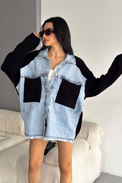 FEMELLE Cardigan cu mâneci și buzunare, blugi oversize din denim de damă