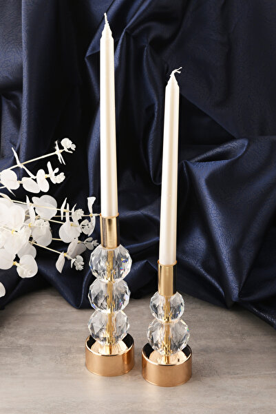 TR Turan Collection HORİZON 2'li Şamdan Seti Gold Renk Şeffaf Kristal Görünüm...