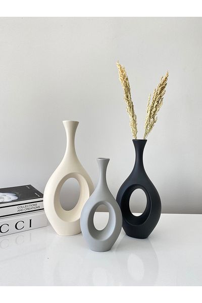 stilinbu Κεραμικό βάζο Bohemian Hitite - Σετ 3' H253035 (Κατεστραμμένο Λευκό-Μαύρο-Γκρι)