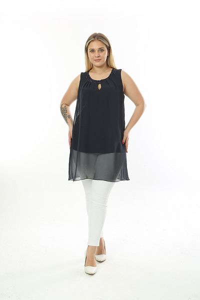 XL Modam WOMEN'S LARGE SIZE LYCRAL CHIFFON INSIDE VISKOSE COLLAR NAVY STONE NAVY BLUE TUNIC