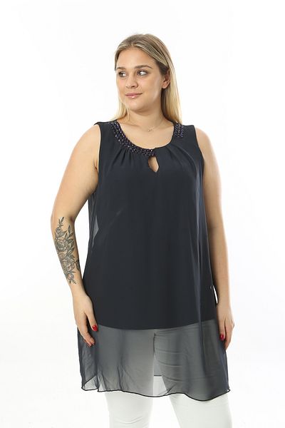 XL Modam WOMEN'S LARGE SIZE LYCRAL CHIFFON INSIDE VISKOSE COLLAR NAVY STONE NAVY BLUE TUNIC
