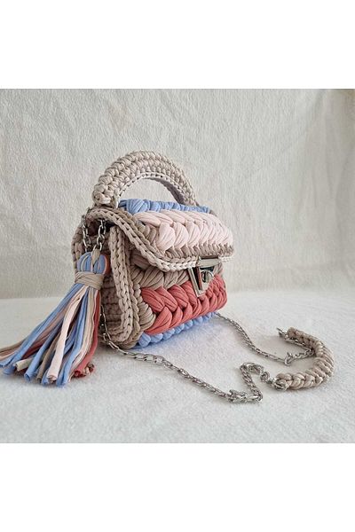 CHQEL Women's Powder Cream Gray Peanut Model Handmade Crochet Combed Cotton Thread Bag & Hand, Shoulder and Cross