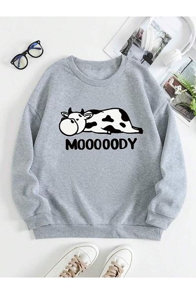AEMİ Φούτερ Unisex Mooody-Wizardy Cow με στάμπα με λαιμόκοψη
