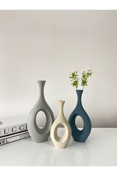 stilinbu Vază ceramică boemă hitită - set de 3 H253035 (gri-albastru-cosmic-bej)