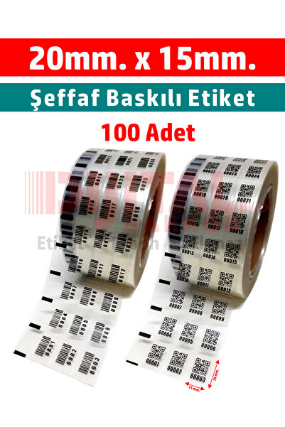 DİJİTAL BARKOD Şeffaf Baskılı Etiket Karekod Barkod Seri Numaralı 20x15mm 100...