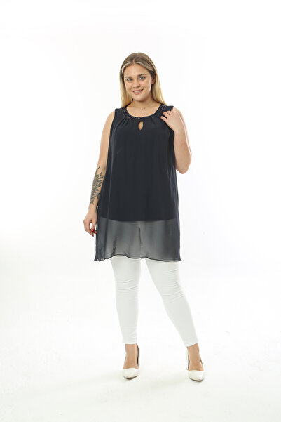 XL Modam WOMEN'S LARGE SIZE LYCRAL CHIFFON INSIDE VISKOSE COLLAR NAVY STONE NAVY BLUE TUNIC