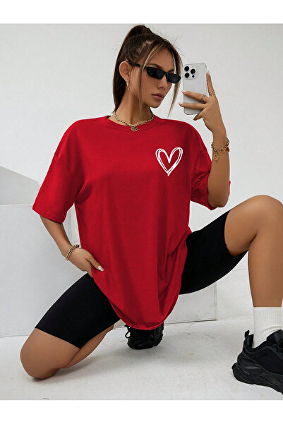 MAGORS Оверсайз бавовняна червона футболка з принтом серця