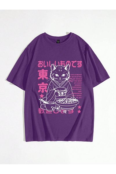 MAGORS Μπλουζάκι Samurai Cat Printed Oversize Βαμβακερό μωβ