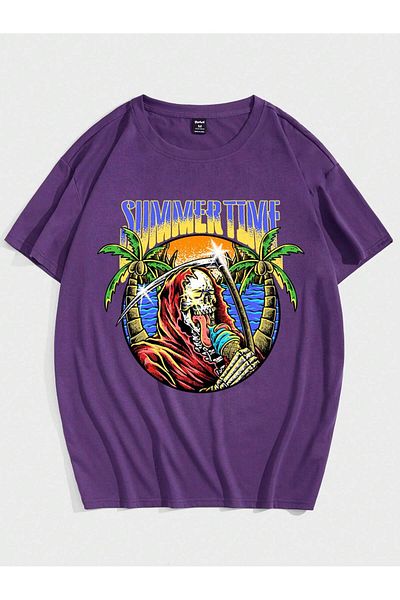 MAGORS Summer Time Printed Oversize Βαμβακερό μωβ μπλουζάκι