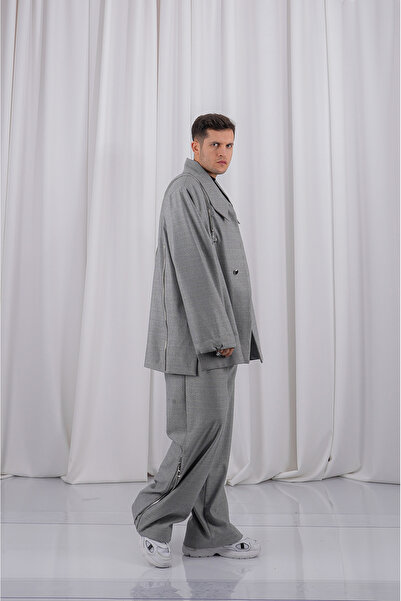 LoFiBuy Fermuar Detaylı Unisex Tie Collar Oversize Takım - Piramit