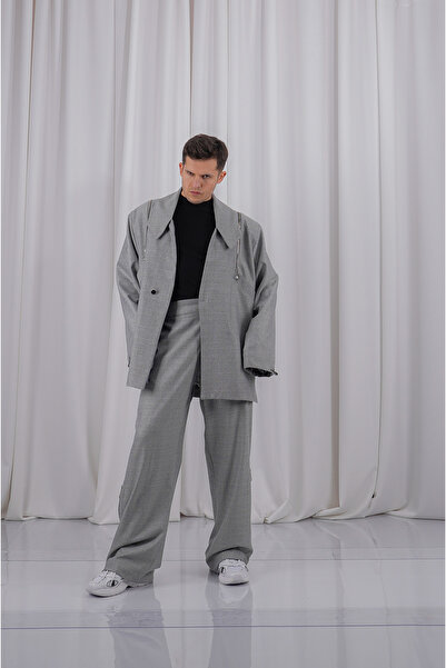 LoFiBuy Fermuar Detaylı Unisex Tie Collar Oversize Takım - Piramit