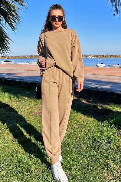 GÜLSELİ Mink Crew Neck Grassy Leg Ribbed Sweat Tracksuit Set of 2