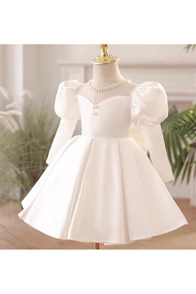 Da&Mira Girl's White Color Long Sleeve Special Day Birthday Dress