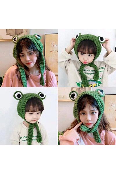 TRENDİN YOLU Green frog hat style Korean model long beret handmade