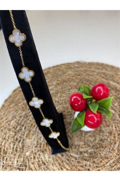GOLDZARİFJEWELRY سوار من الفولاذ الأبيض على شكل زهرة البرسيم مكون من 5 أوراق ...