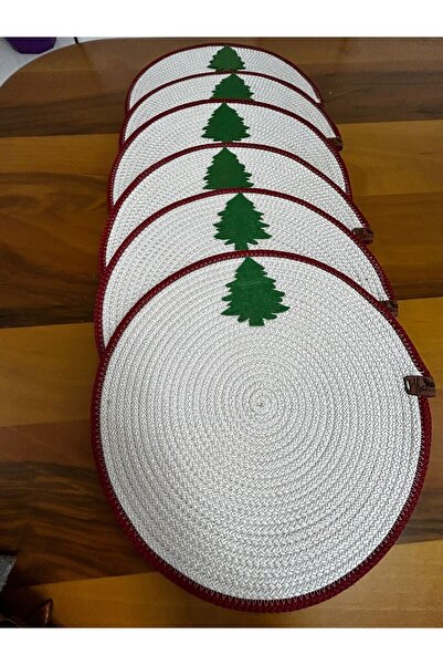 Patiska Tasarım El Yapımı Jüt Supla, Yıl Başı, Yeni Yıl Çam Ağacı Figürlü 6'lı Jüt Amerikan Servis Takımı