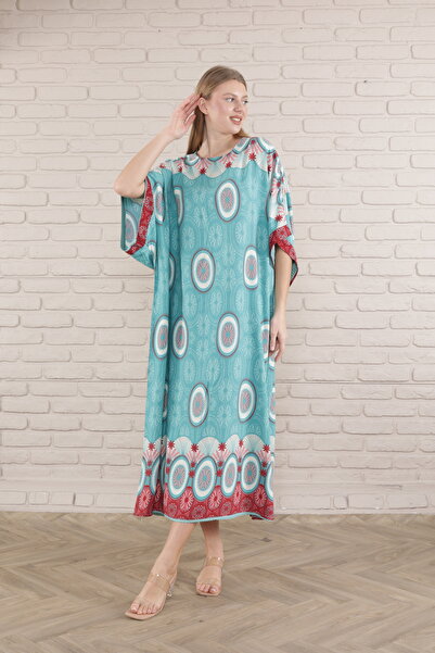 mervemoda Women's Turquoise Bat Sleeve Patterned Woven Dress