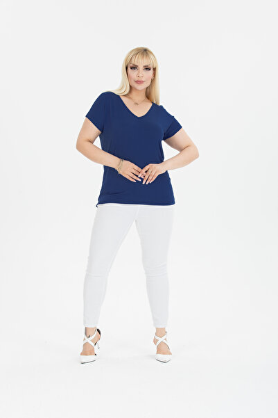 garajmood Saks Blue Large Size Blouse with V-Neck Detail on the Front and Back