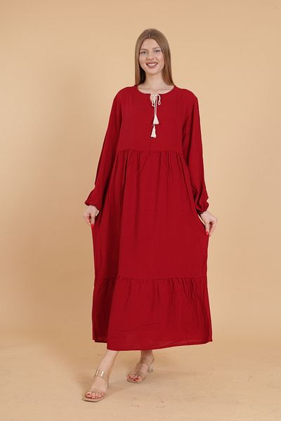 mervemoda Rochie de damă Burgundy cu mânecă lunga, lungime intreaga, tesuta Burgundy