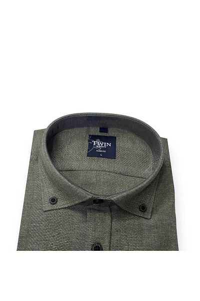 Sadık Collection Twin ανδρικό πουκάμισο με λεπτή εφαρμογή χωρίς τσέπη πράσινο βαμβακερό πουκάμισο 0032
