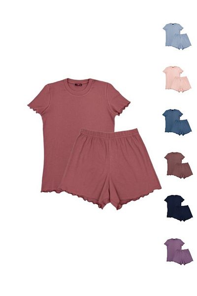 ŞahTan Cotton Ribbed Short Sleeve T-shirt and Shorts Women's Pajamas Set