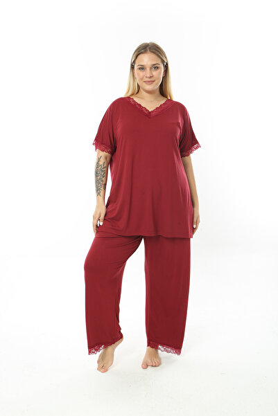 MODA LİZZA Women's Large Size Claret Red 2-Piece Pajama Set