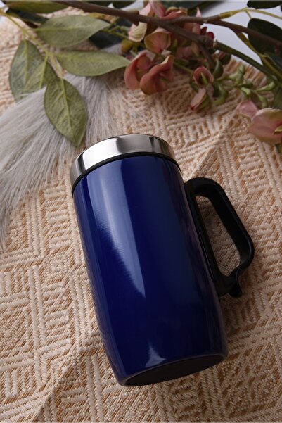 Verahed Çift Katman Kauçuk Taban 250ml Mavi Kulplu Paslanmaz Çelik Küçük Termos Bardak Kupa Mug Çay Kahve