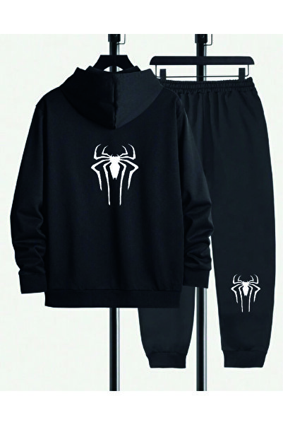 donamod Unisex Μαύρη Αράχνη Άγρια Ζώα Spiderman Σετ φόρμας με κουκούλα με μοτ...