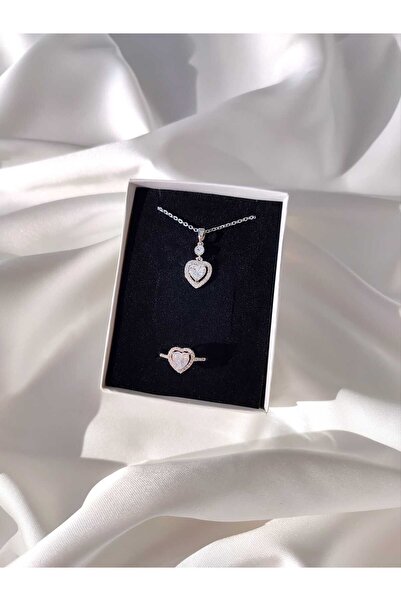Evorya Kadın Taşlı Kalp Kolye ve Kalpli Yüzük Seti