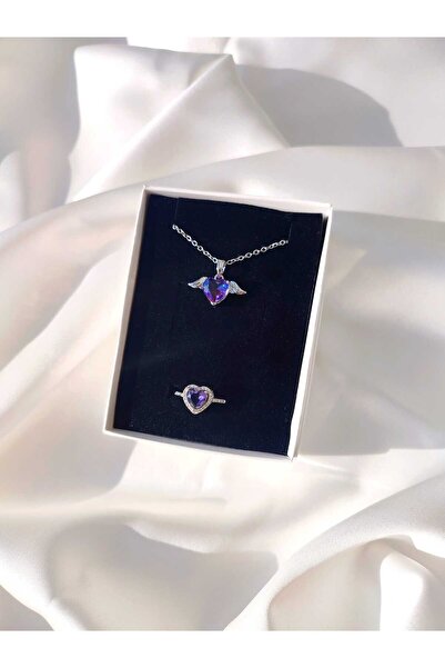 Evorya Kadın Mor Melek Kanatlı Kalp Taşlı Kolye ve Kalpli  Yüzük Seti Uyumlu