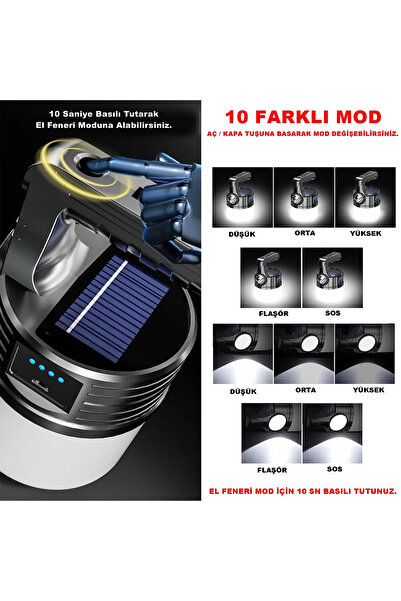 ataşbey Mx-519 Güneş Enerjili Solar Aydınlatma Kamp Çadır Lambası Kancalı Led Ampül Şarjlı Işıldak El Feneri